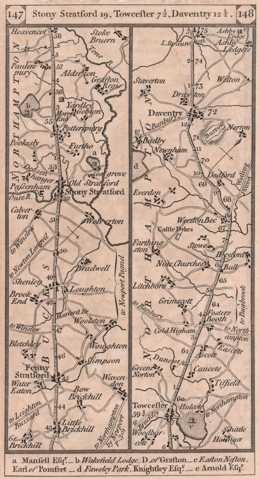 Bletchley-Stony Stratford-Towcester-Daventry road strip map PATERSON 1803